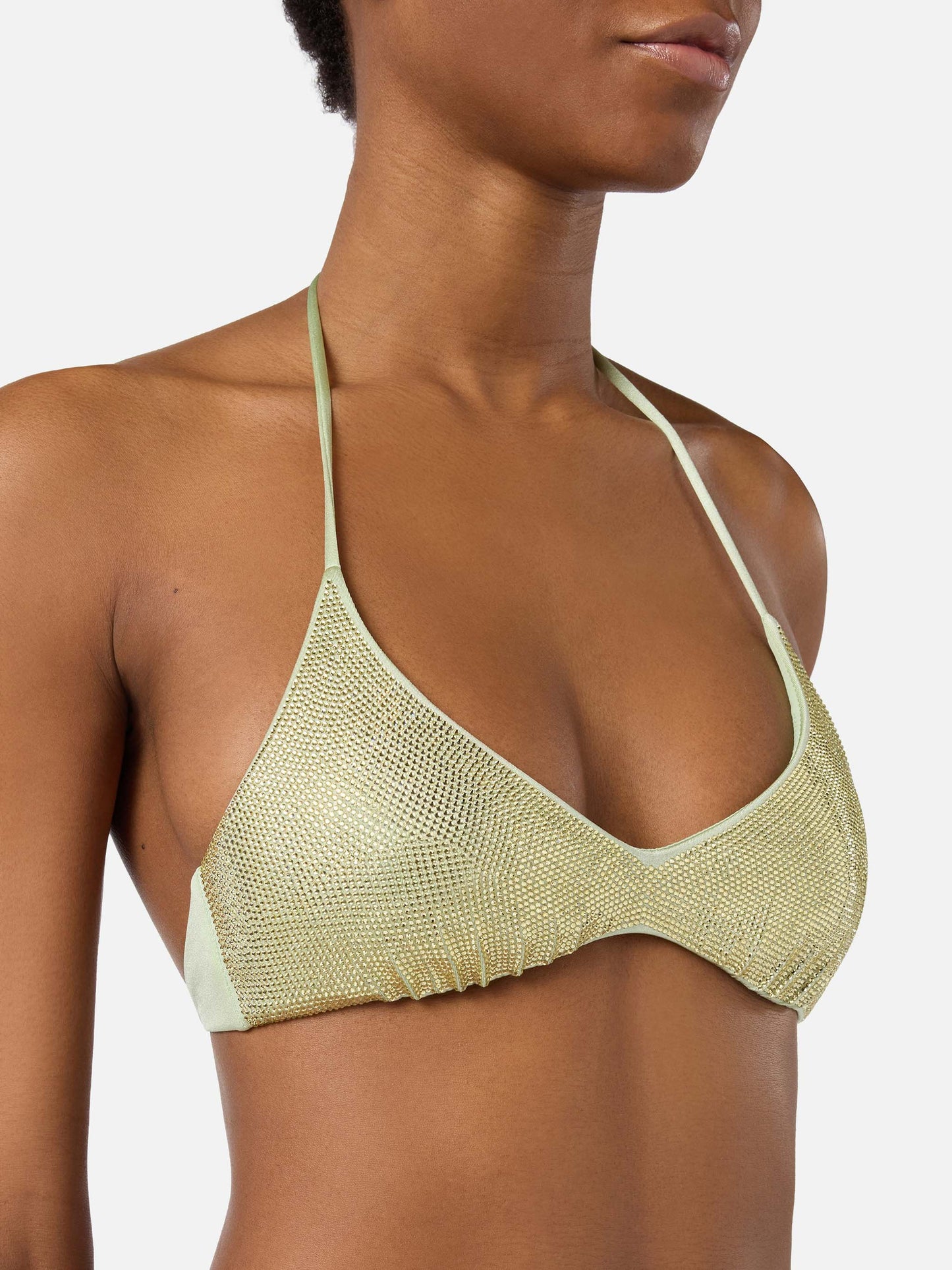 Hespera bralette bikini top in aqua green with applied rhinestones