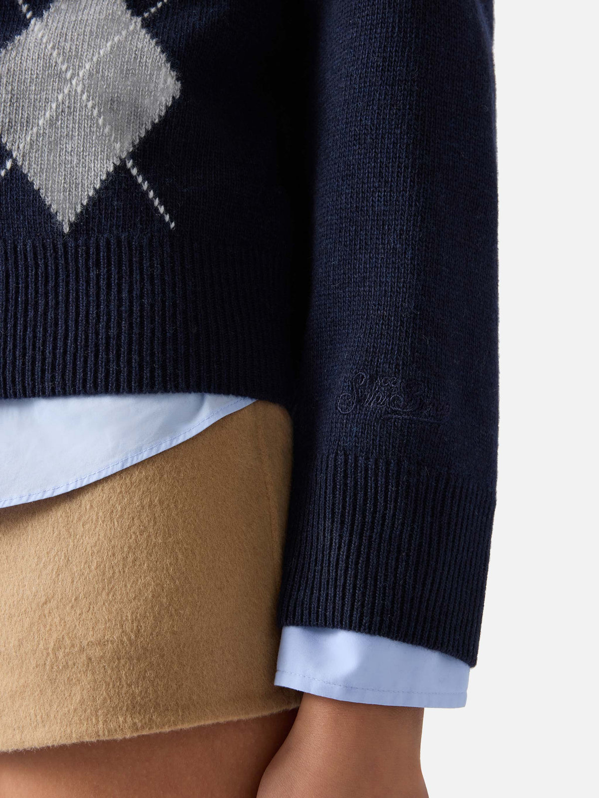 Navy blue Sierra wool and cashmere blend cardigan with argyle pattern