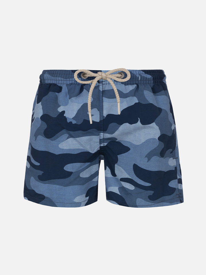 Mittellange Jeans-Badeshorts für Jungen mit Tarnmuster