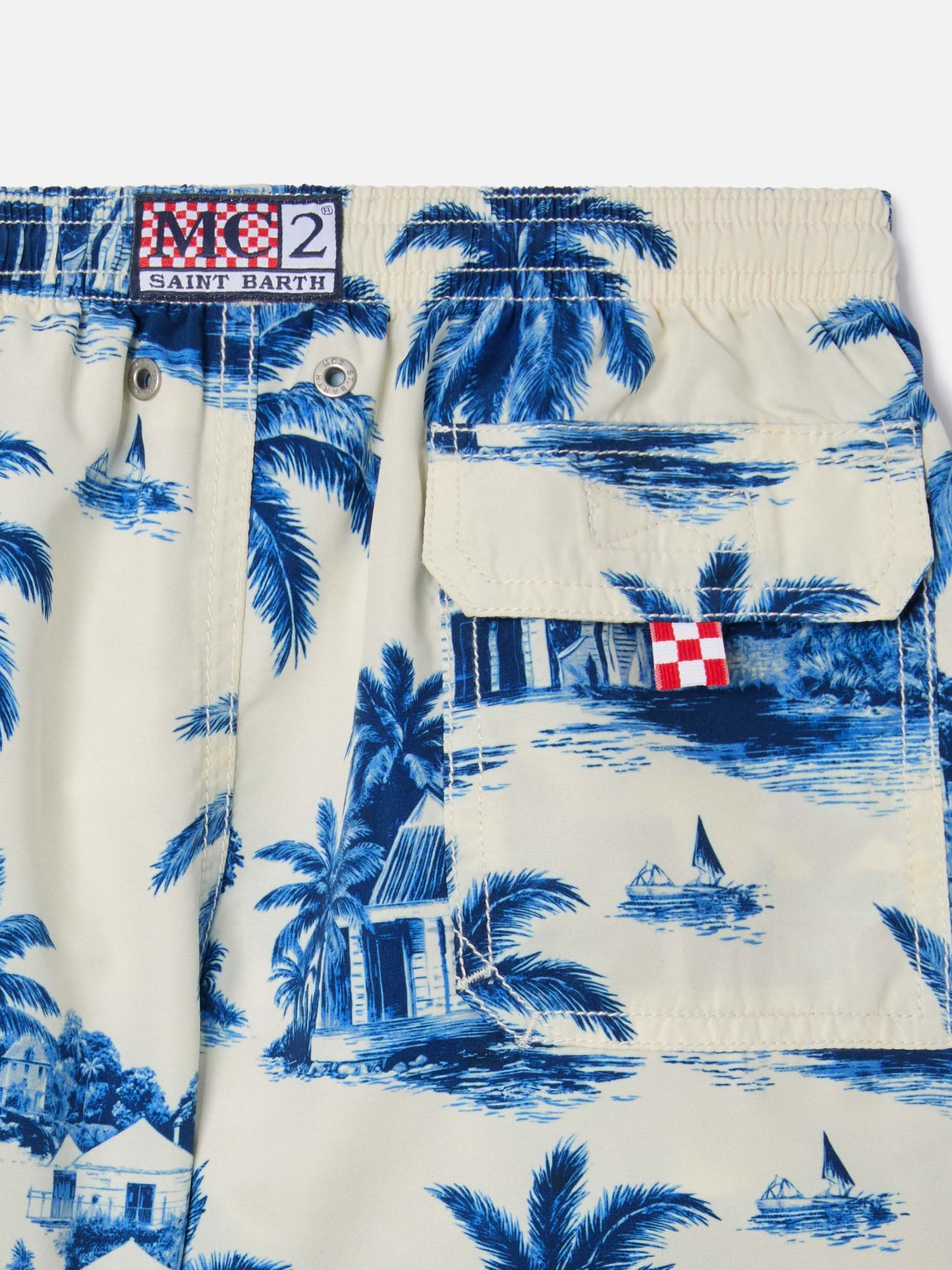 Jean swim shorts with Toile de Jouy blue print