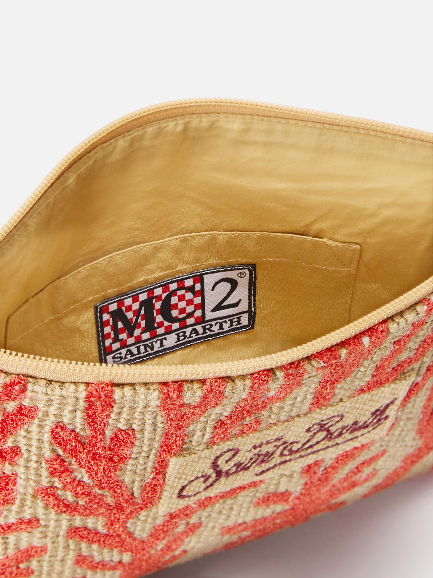 Jute pouch with embroidered coral pattern