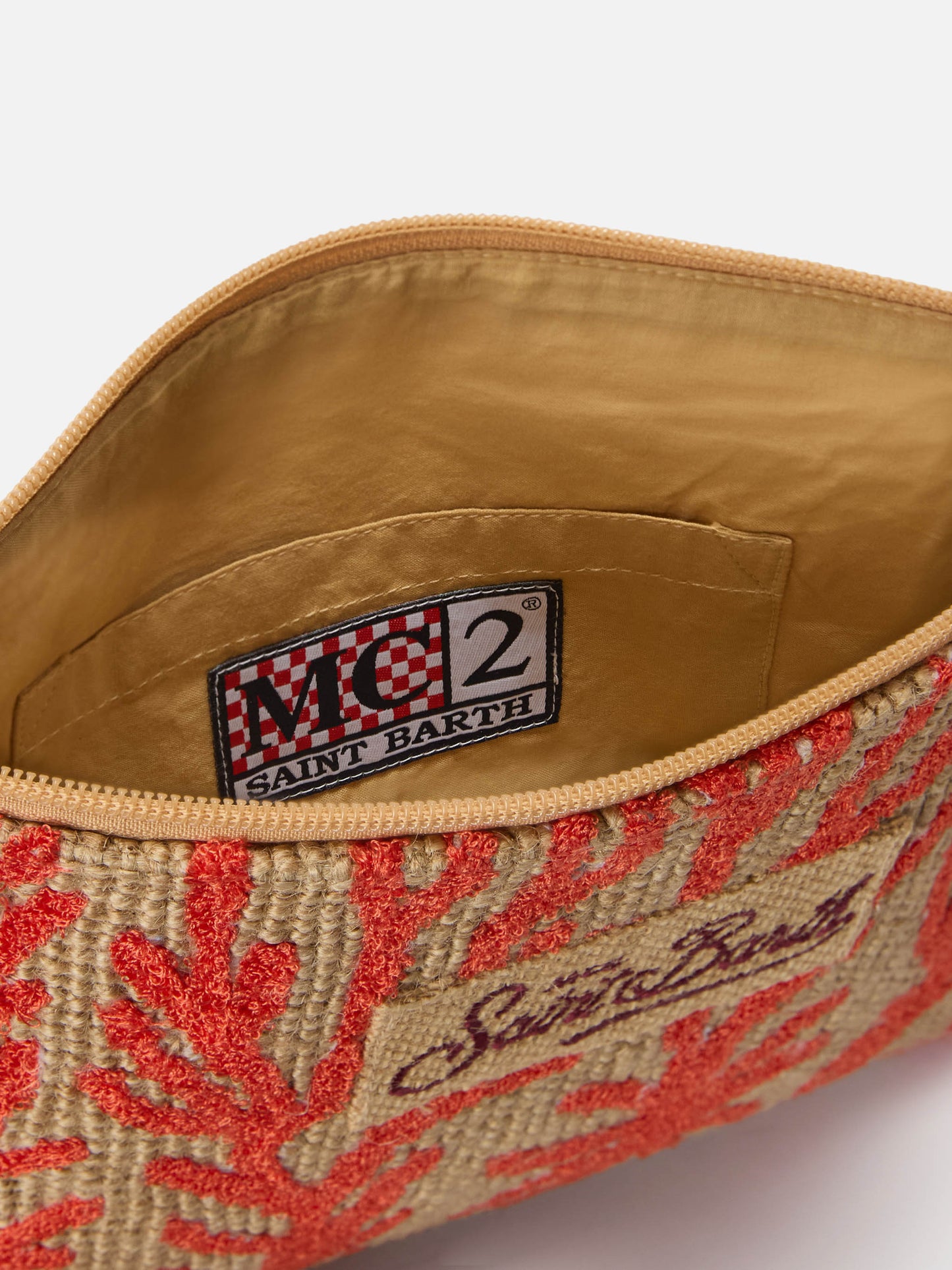 Jute pouch with embroidered coral pattern
