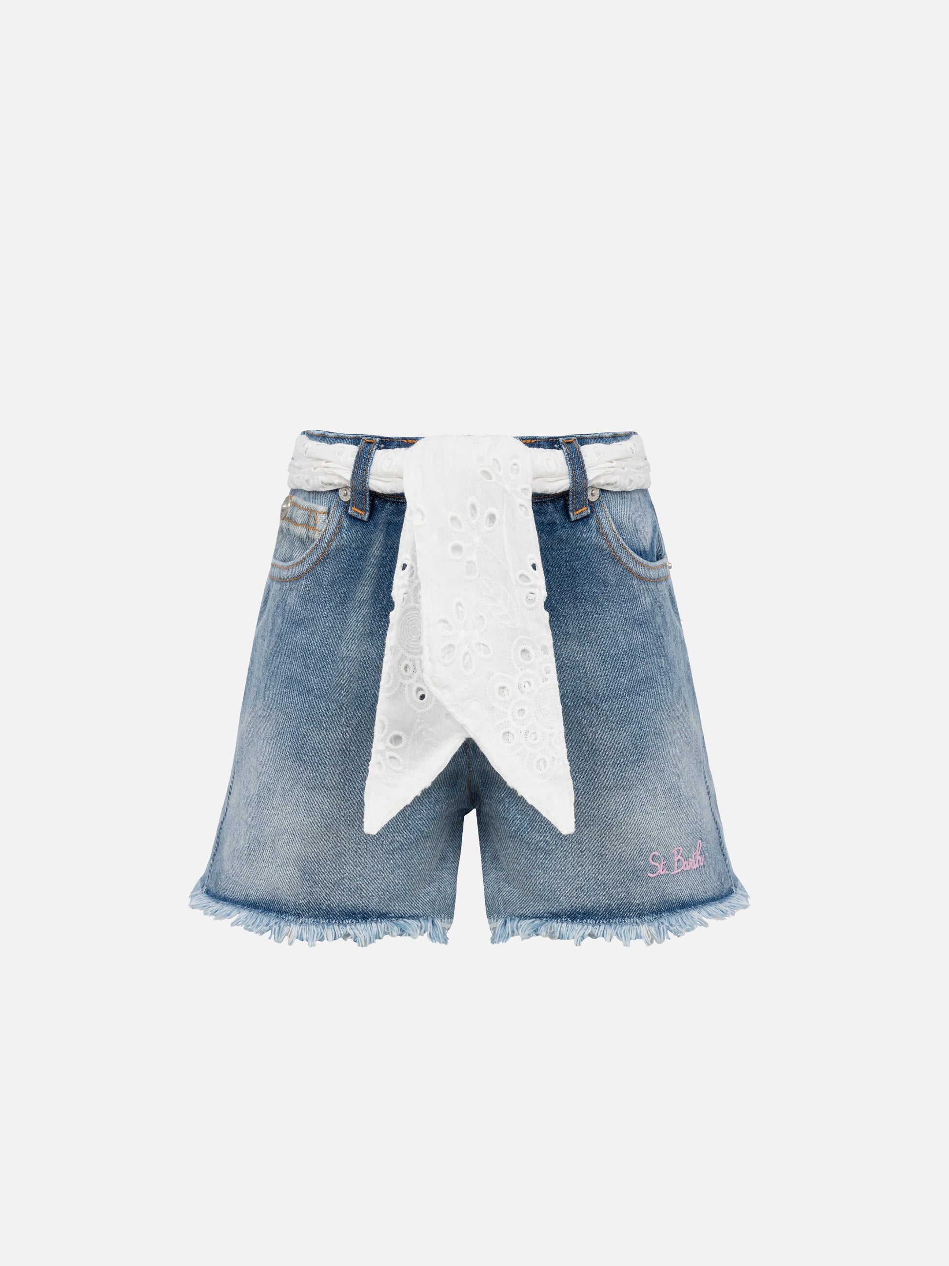 Kiko Jr denim shorts with Sangallo lace and embroidered details - MC2 Saint Barth
