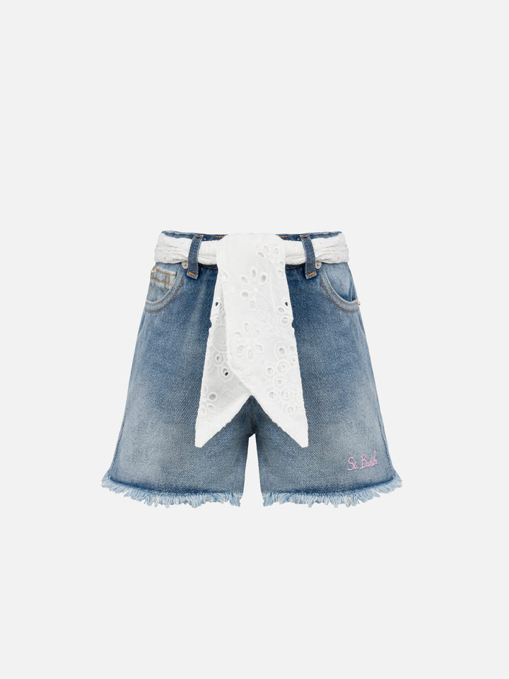 Jeansshorts von Kiko Jr mit Sangallo-Spitze und gestickten Details