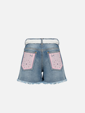 Kiko Jr denim shorts with Sangallo lace and embroidered details - MC2 Saint Barth