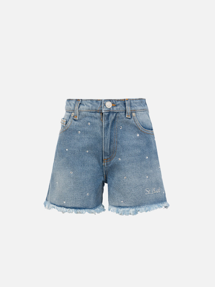 Kiko Jr white denim shorts with rhinestone embellishments