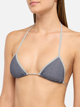 Leah – avioblaues Lurex-Triangel-Top mit silberner Paspelierung