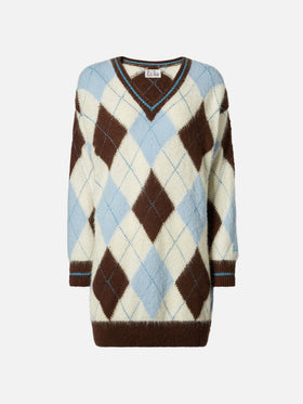 Woman ultra soft knit dress with argyle jacquard