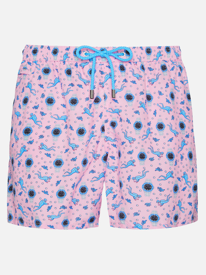 Badeshorts aus leichtem Stoff „Lighting“ mit Uhren-Print