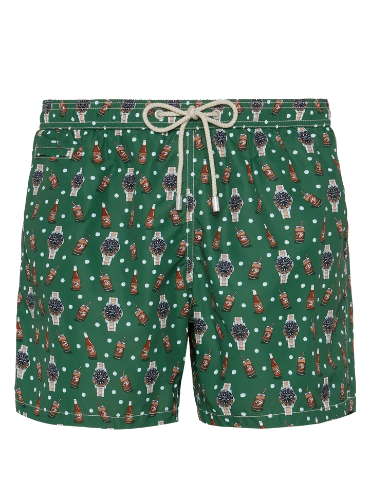 Lightweight fabric swim shorts Lighting with watch and beer print