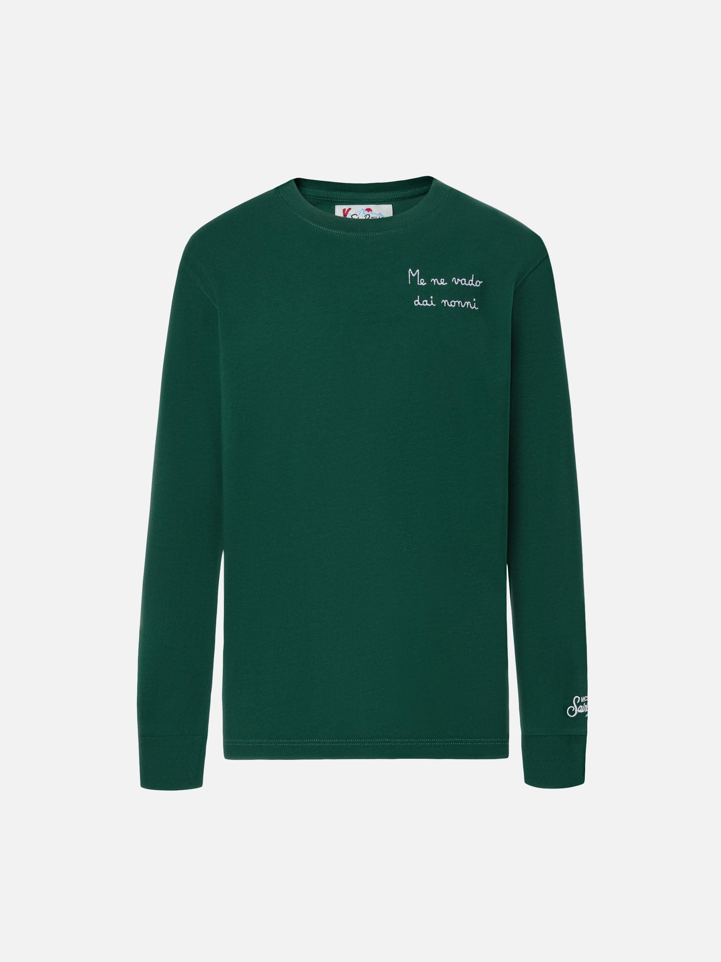 Luton long-sleeve cotton T-shirt in green with Me ne vado dai nonni embroidery