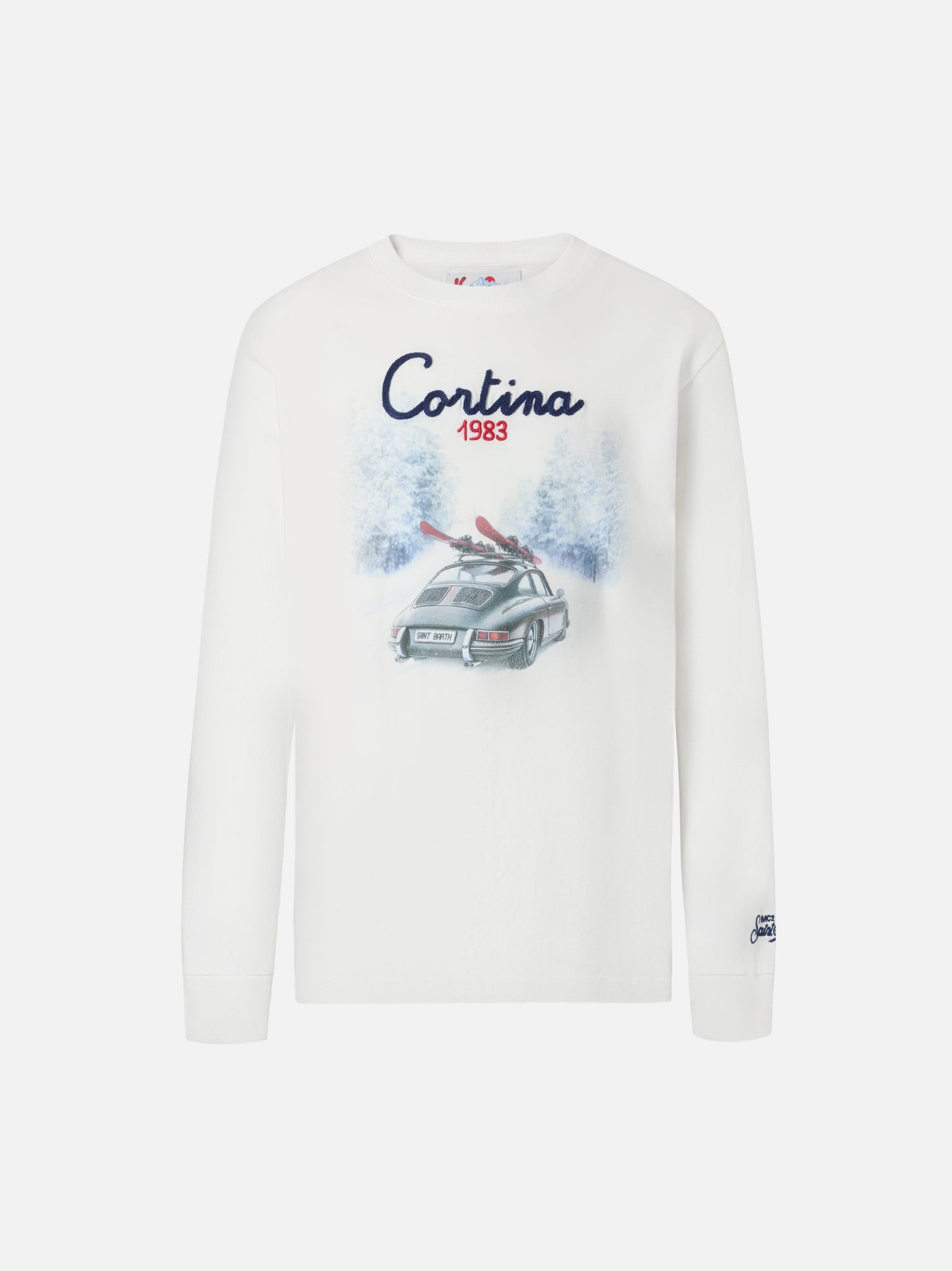 Luton long-sleeve winter cotton T-shirt in white with Cortina 1983 embroidery and Cortina print