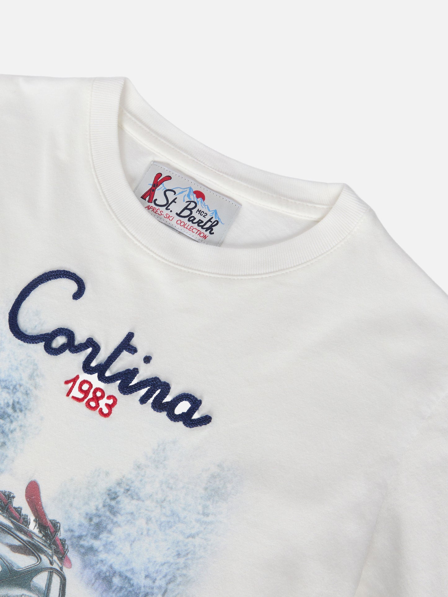 Luton long-sleeve winter cotton T-shirt in white with Cortina 1983 embroidery and Cortina print