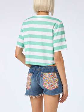 Woman acquamarine and white striped crop t-shirt - MC2 Saint Barth