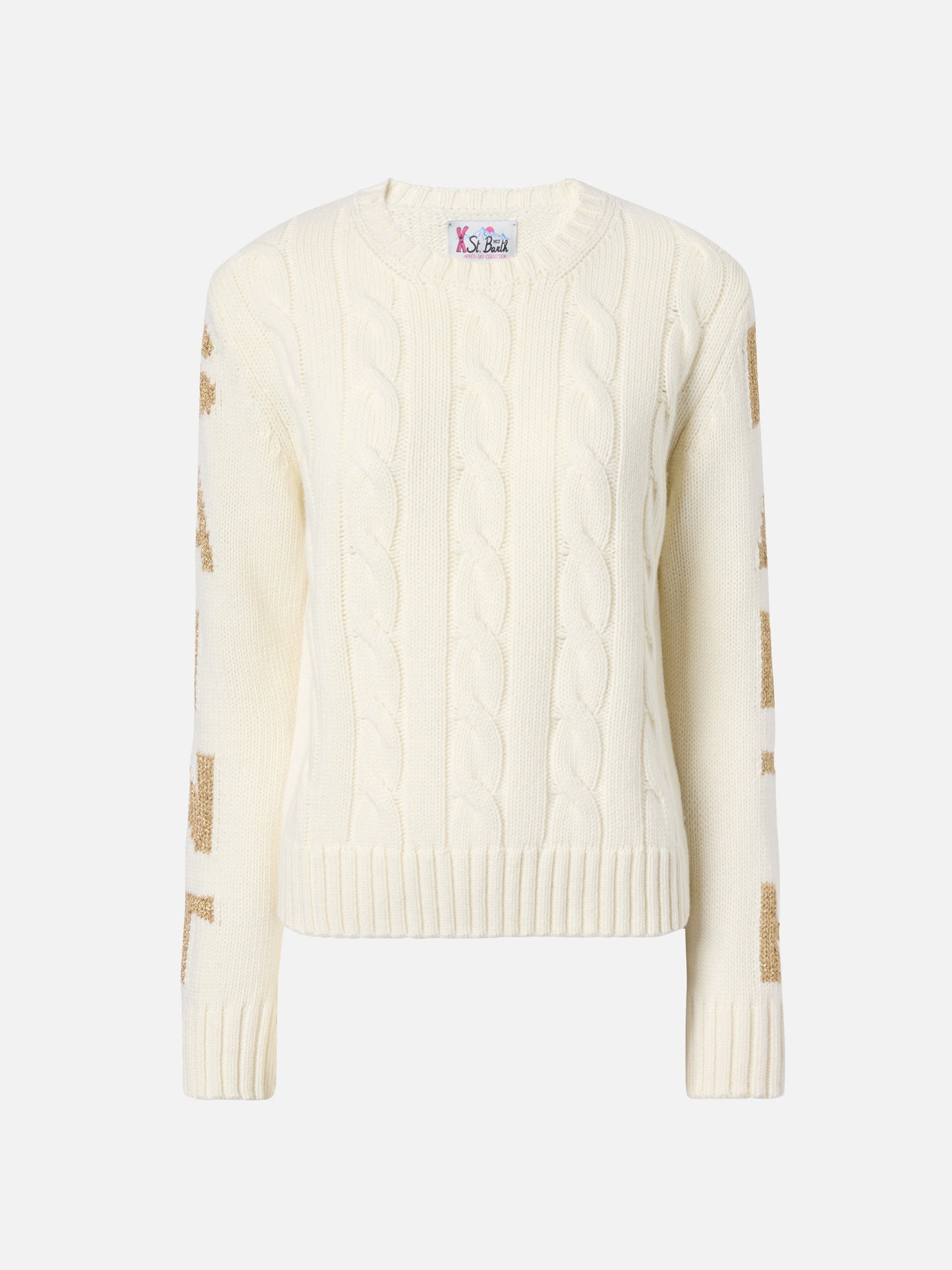 Malmo cable-knit cashmere-blend sweater in white with Saint Barth jacquard on the sleeves