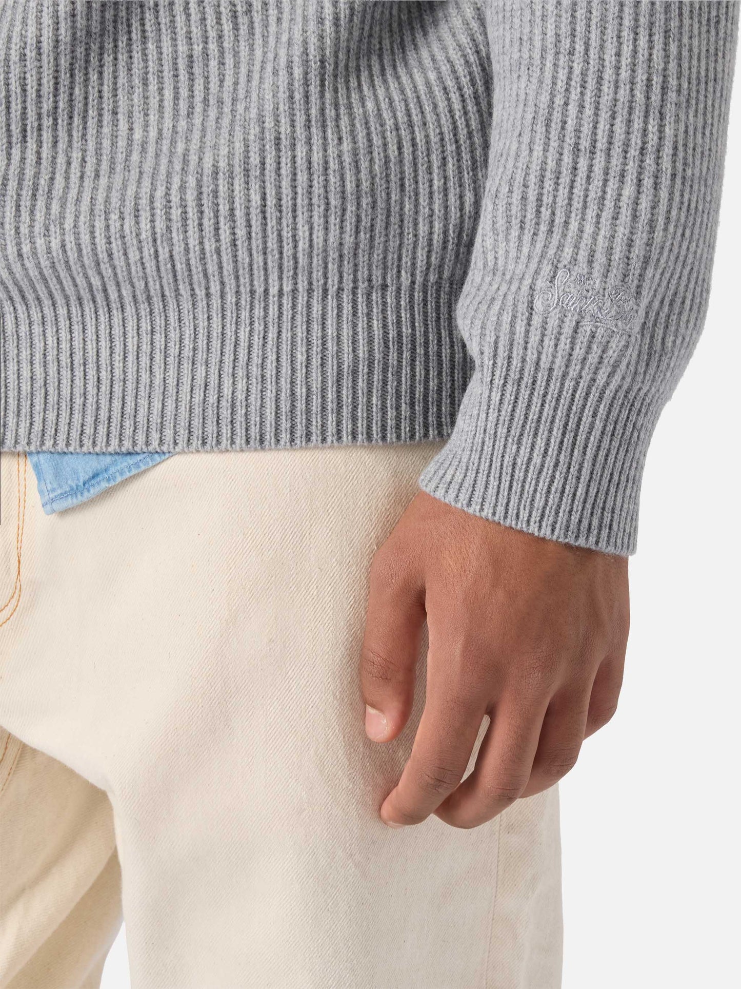 Maglione Marine in pura lana grigio melange a coste inglesi