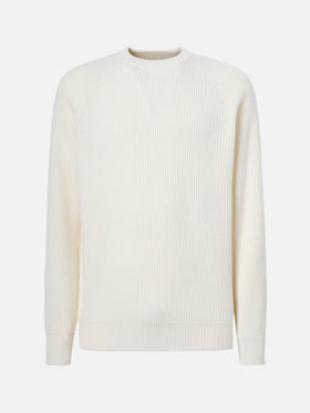 Marine pure-wool sweater in white with English rib knit