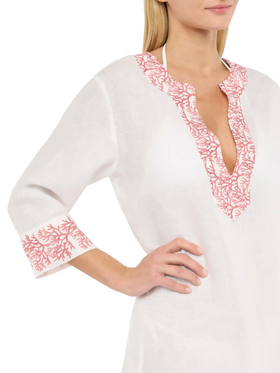 Macha linen tunic dress with coral print - MC2 Saint Barth