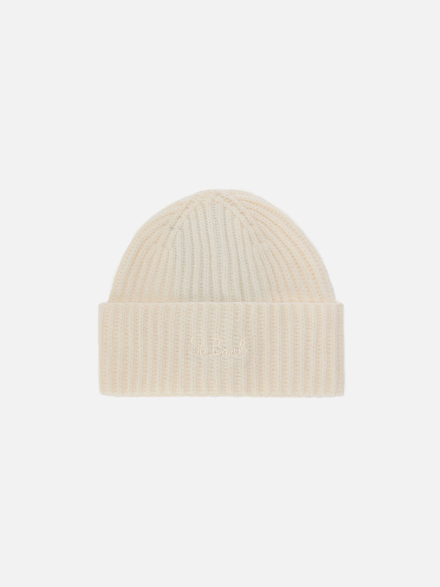 Moss Jr Beanie in white ribbed knit with St. Barth embroidery