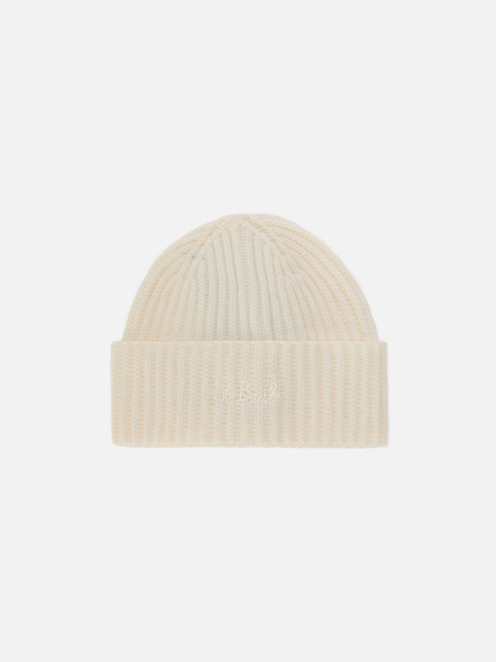 Moss Jr Beanie in white ribbed knit with St. Barth embroidery