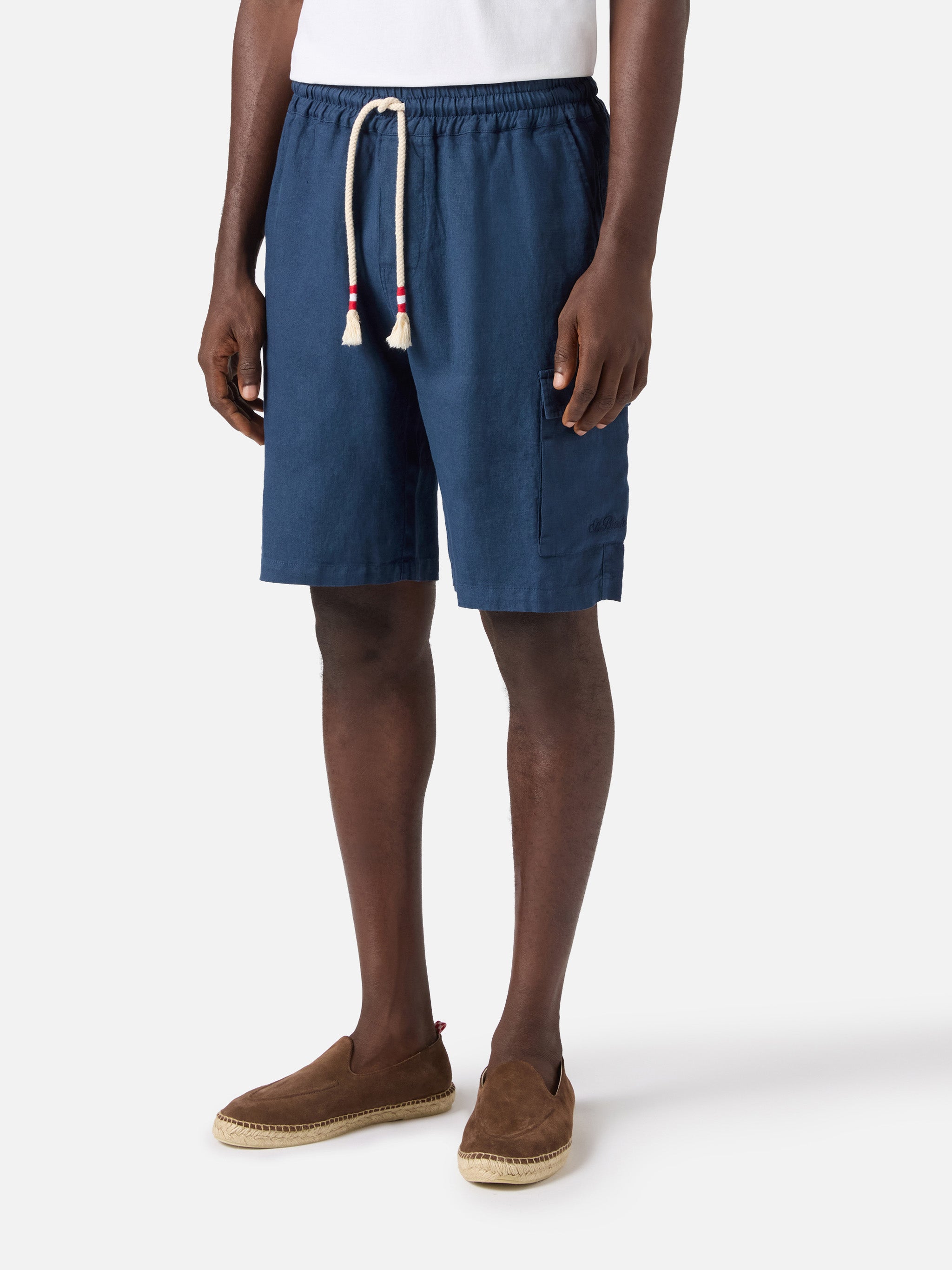 Men's Linen Bermuda Shorts in Navy Blue, Elasticated Waistband