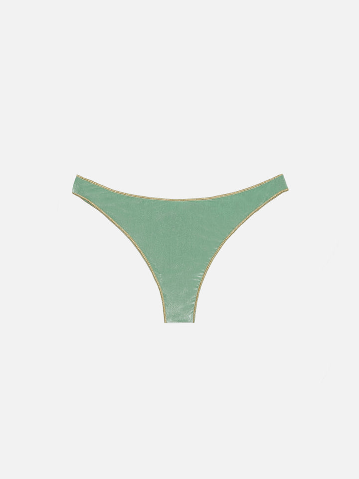 Naomi sage green velvet cheeky swim briefs with gold piping