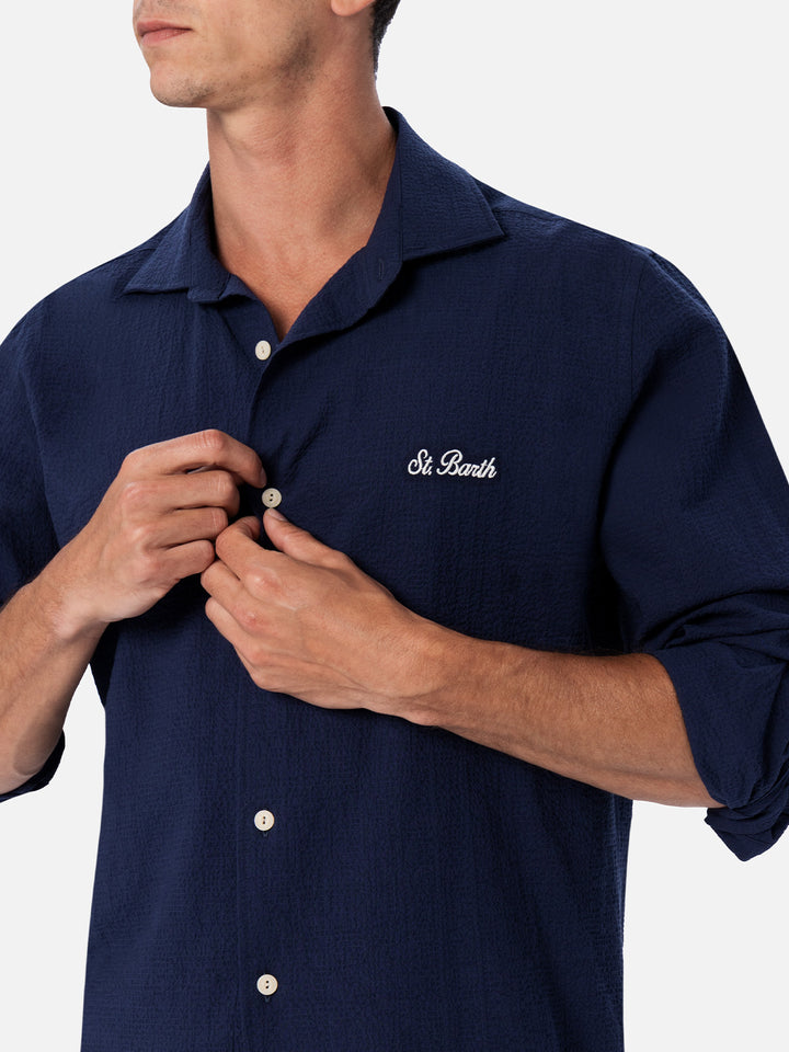Man seersucker blue cotton shirt Pamplona - MC2 Saint Barth