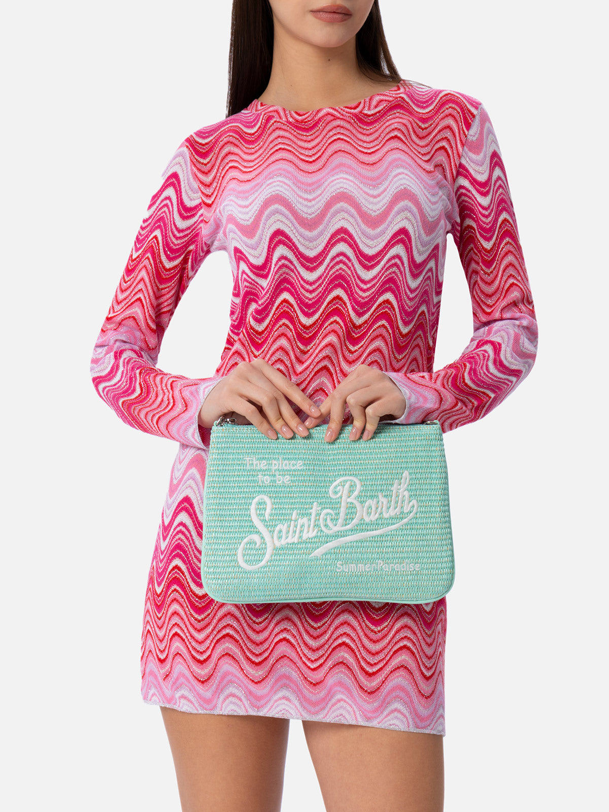 Water green Parisienne Straw pouch bag