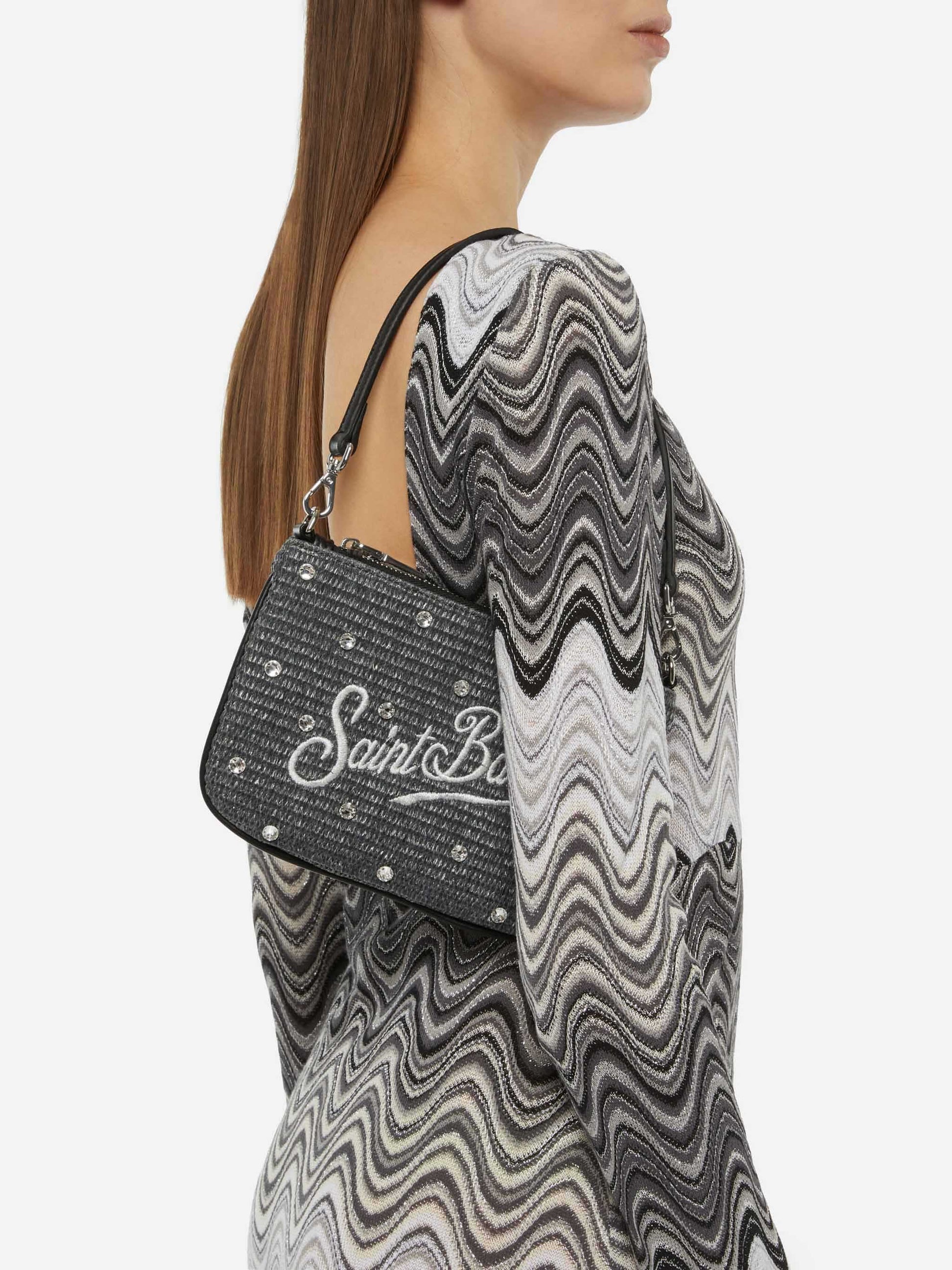 Black Parisienne Straw mini pouch bag with rhinestone embellishment - MC2 Saint Barth