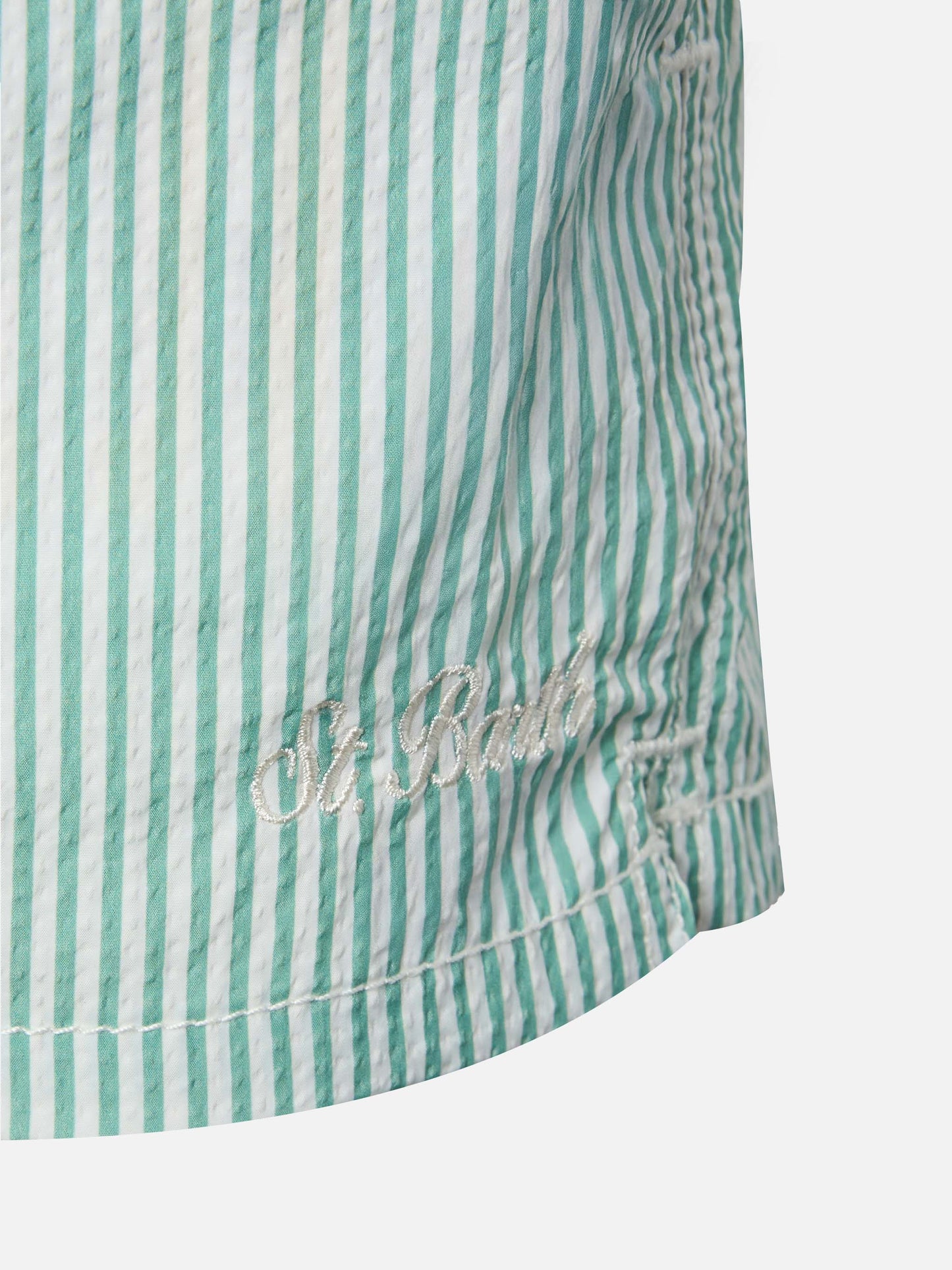 Patmos Jr sage green seersucker striped mid-length swim shorts