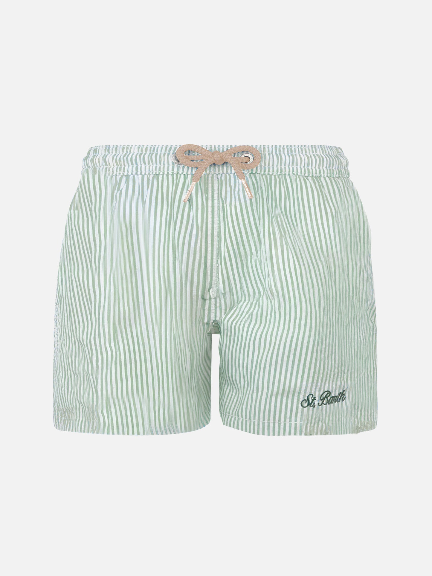 Patmos Jr sage green seersucker striped mid-length swim shorts