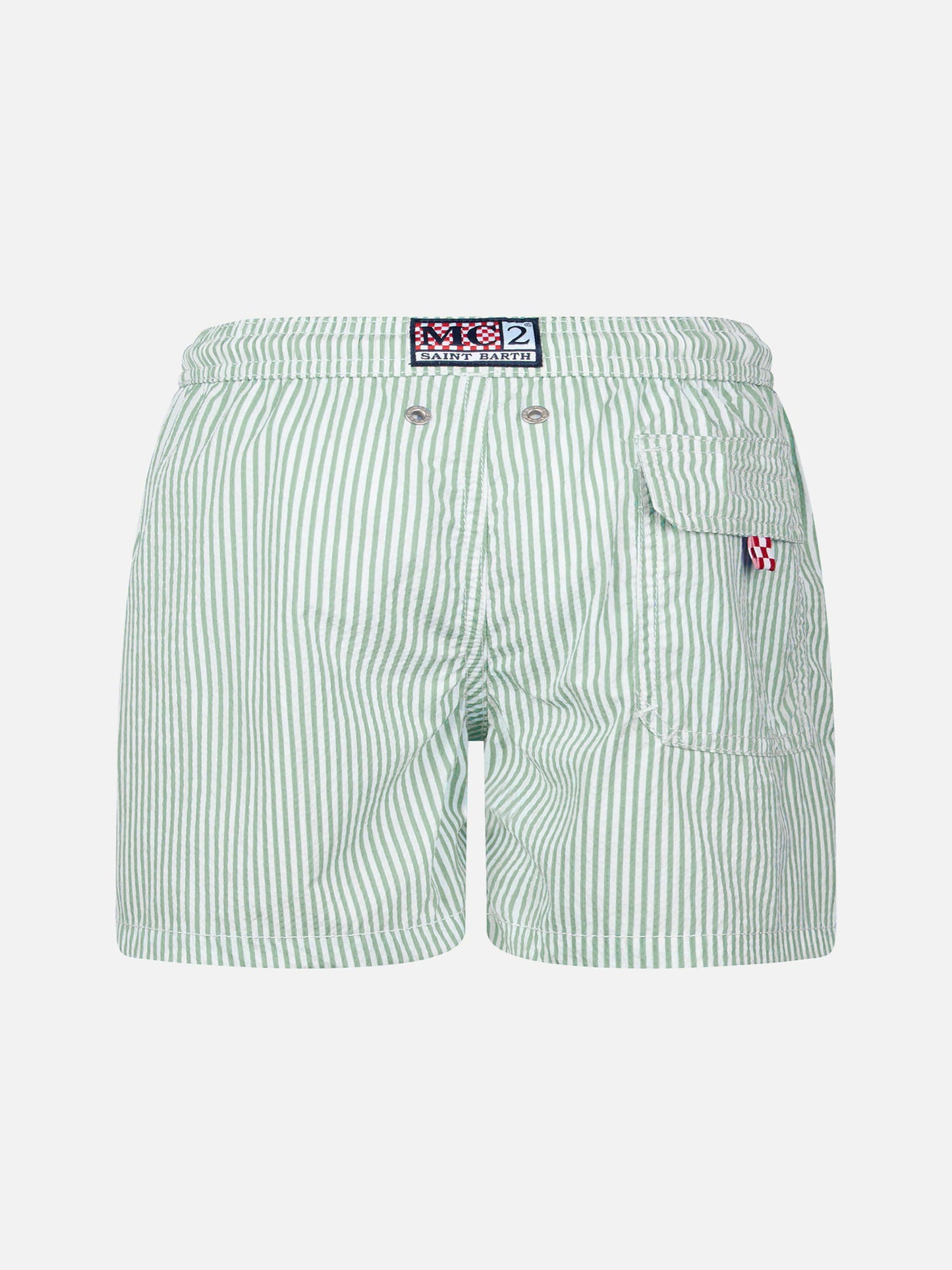 Patmos Jr sage green seersucker striped mid-length swim shorts