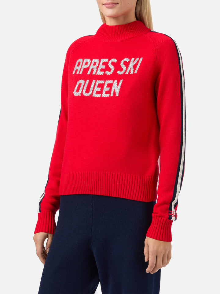 Peak cashmere-blend mock-neck sweater in red with Apres ski queen rhinestone appliqué