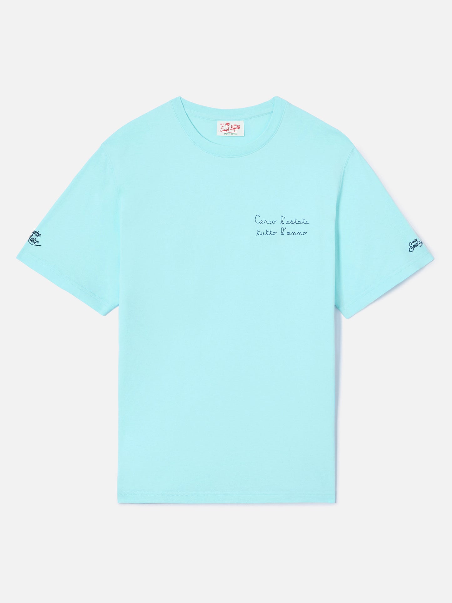 Aqua-grünes Portofino T-Shirt mit Cerco L'estate Tutto L'anno-Stickerei