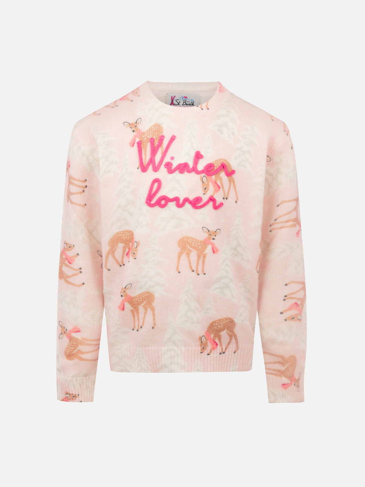 Girl pink crewneck sweater Princess with pines fawn print and Winter Lover embroidery - MC2 Saint Barth