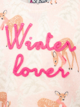 Girl pink crewneck sweater Princess with pines fawn print and Winter Lover embroidery - MC2 Saint Barth