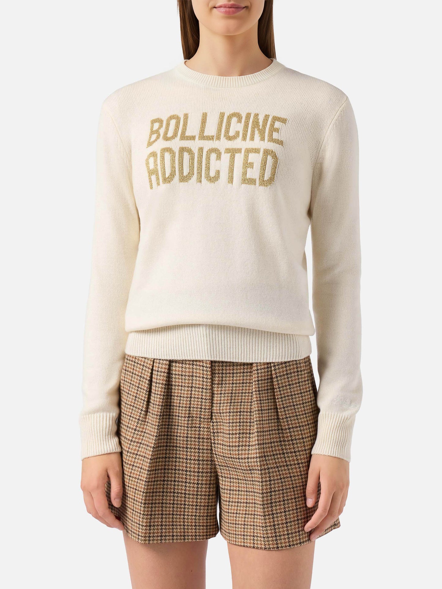 New Queen cashmere-blend sweater in white with Bollicine Addicted lurex jacquard