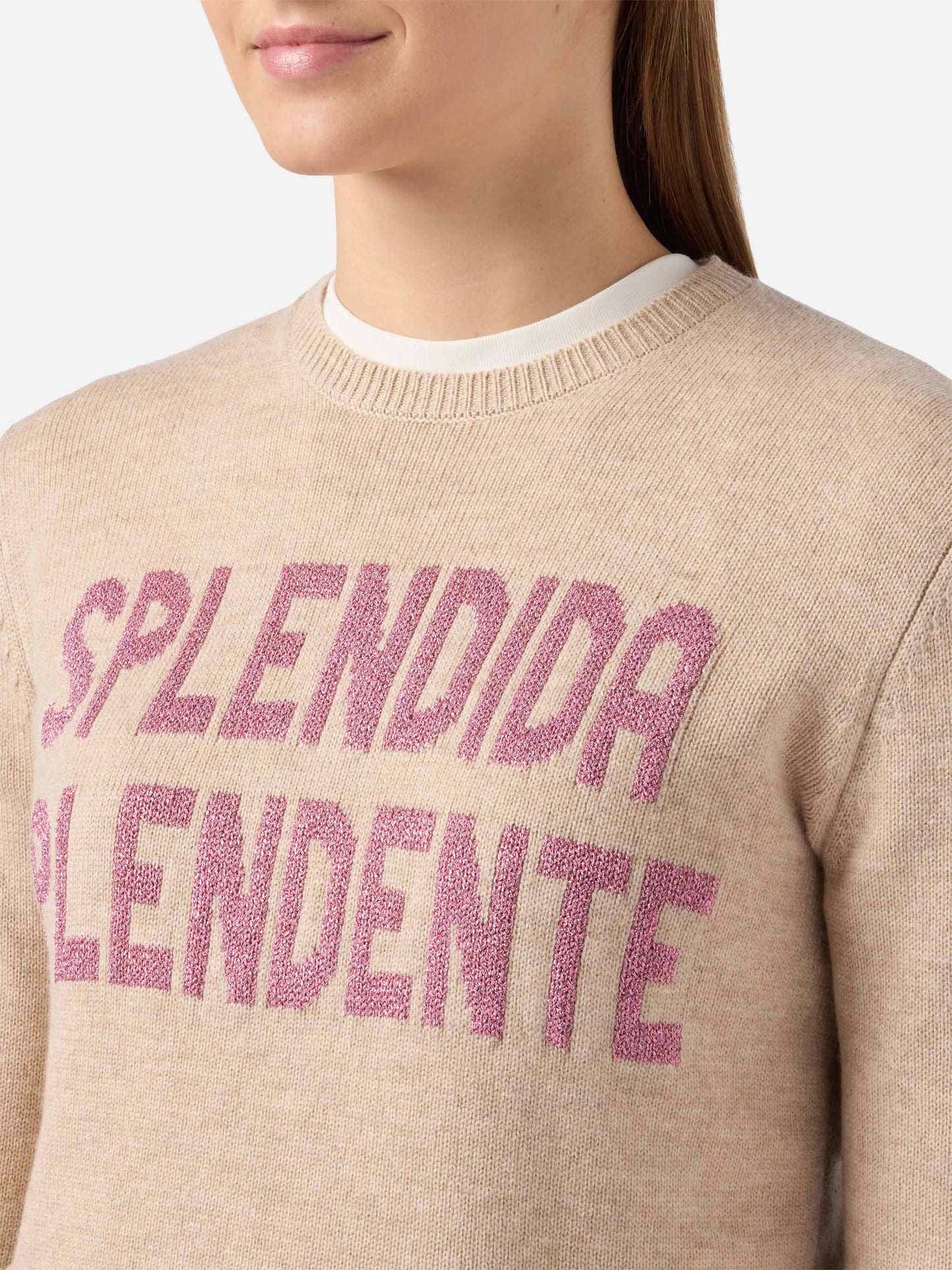 New Queen cashmere-blend sweater in white with Splendida Splendente lurex jacquard