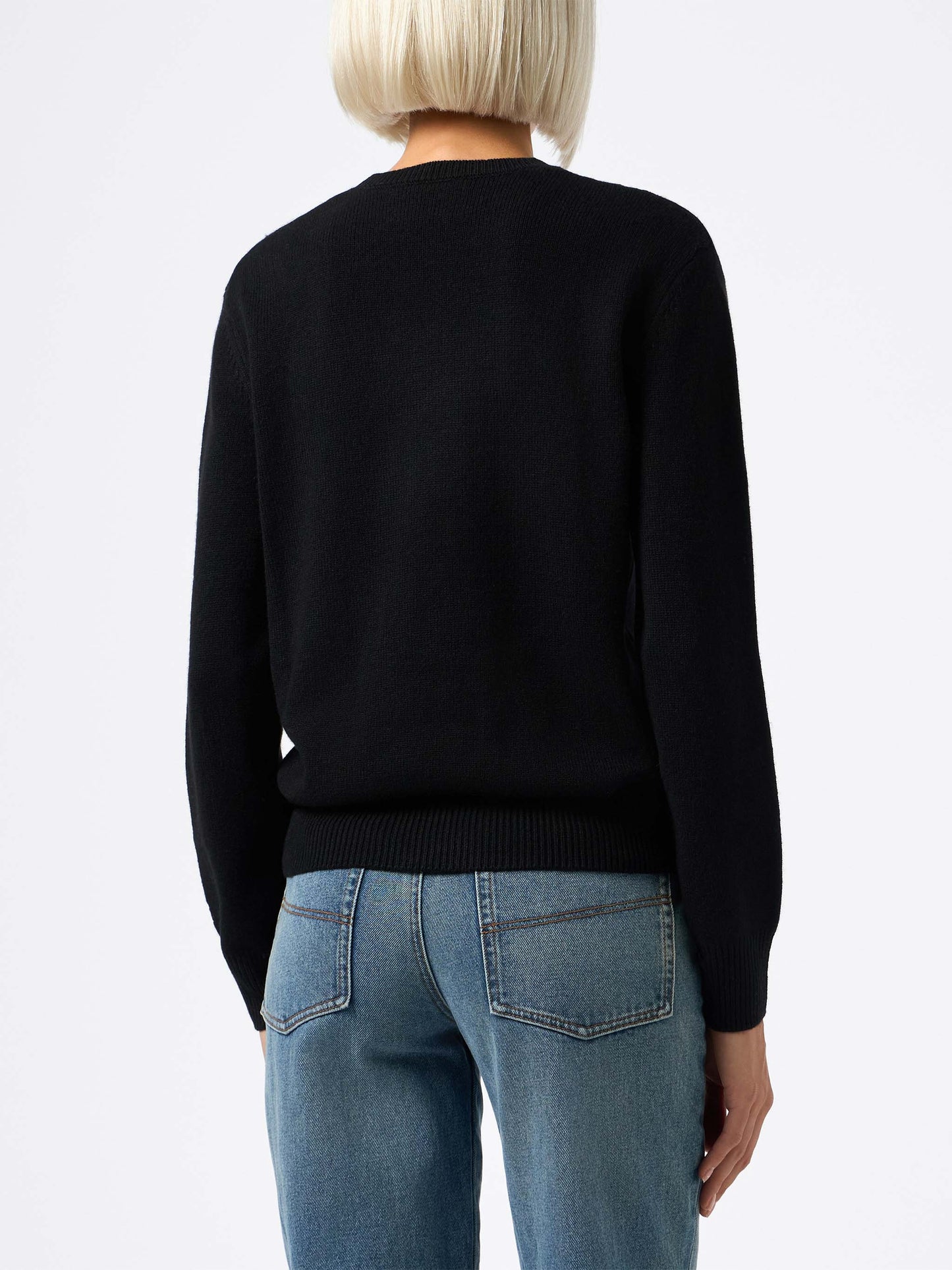 Woman black sweater New Queen with I'm too expensive jacquard with rhinestones - MC2 Saint Barth