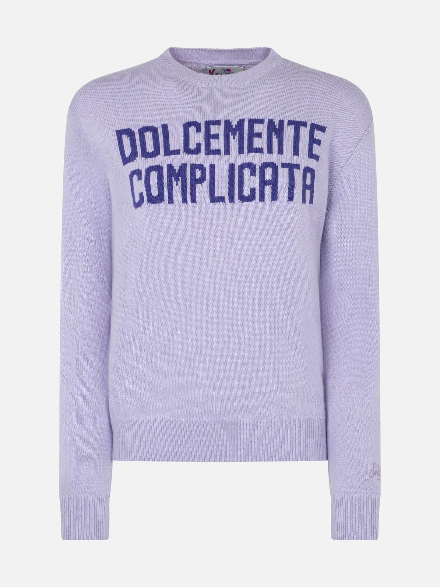Lila Damenpullover New Queen mit Dolcemente Complicata-Print