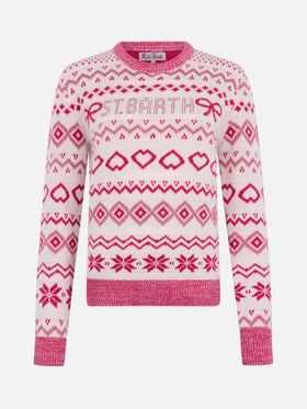 Woman sweater New Queen with fair isle jacquard and rhinestone logo - MC2 Saint Barth