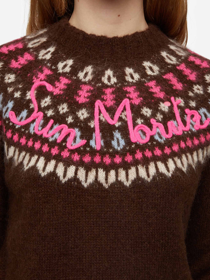Brown sweater Queen Nordic Soft with fair isle jacquard and Sun Moritz embroidery - MC2 Saint Barth