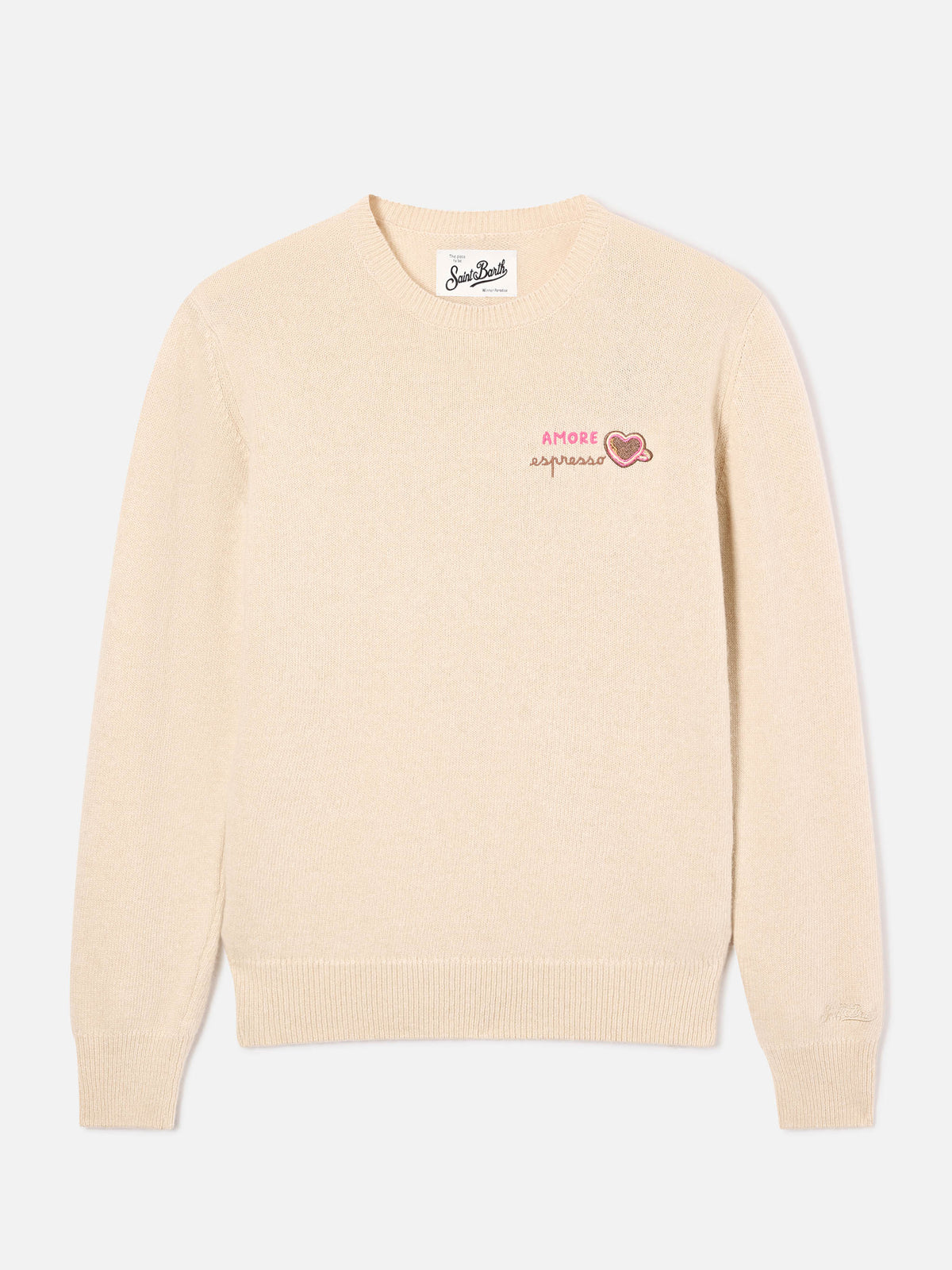 Pullover mit Rundhalsausschnitt aus Woll- und Kaschmirmischung Grain New Queen mit Amore Espresso-Stickerei