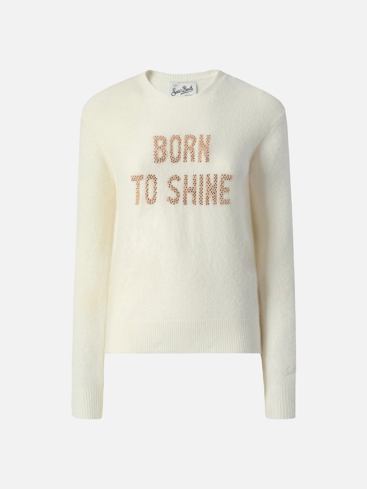 Neuer Queen Stretch-Pullover aus Merinowolle und Alpaka-Mischgewebe in Weiß mit Born to Shine Strassapplikation