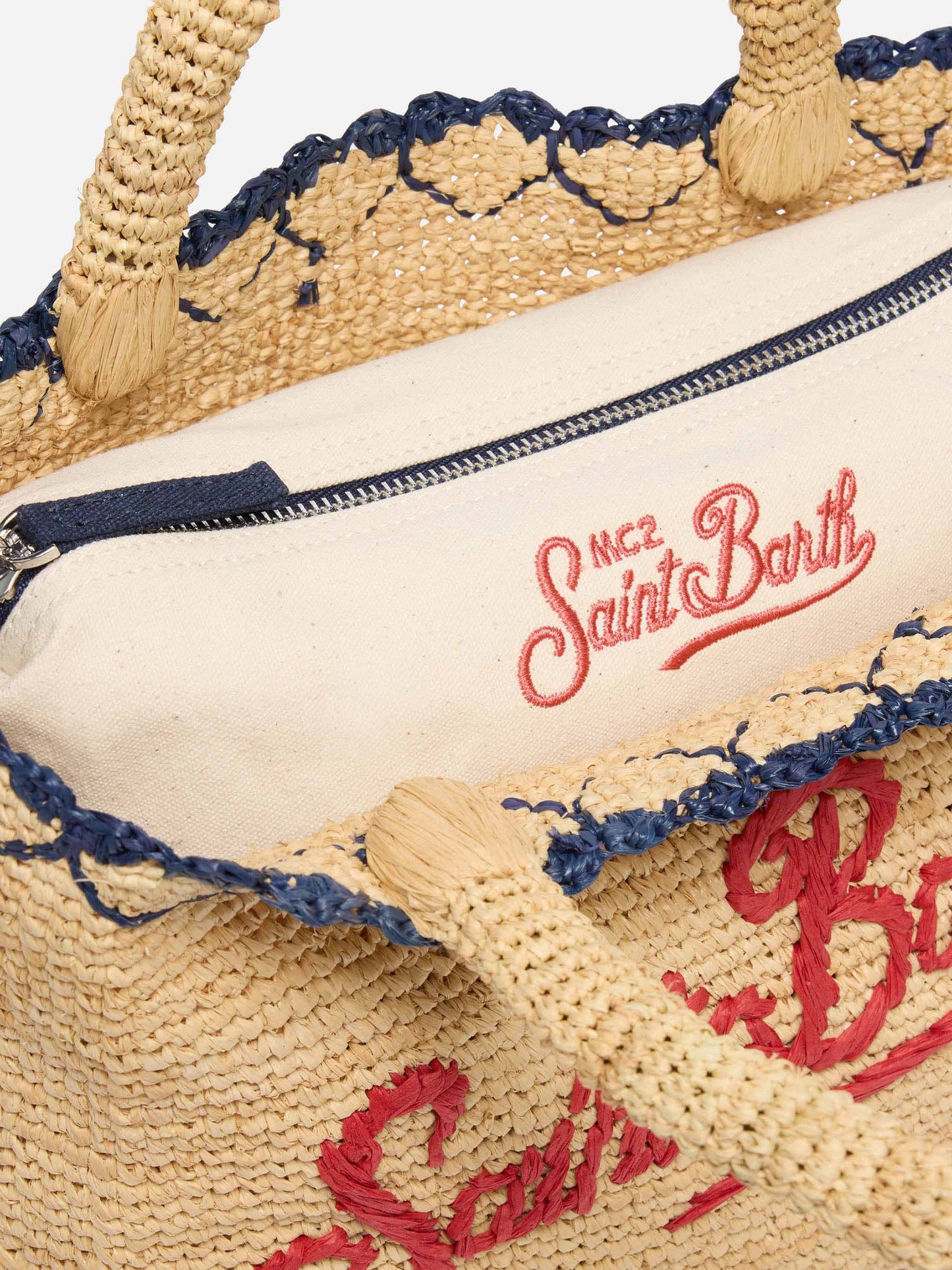 Rafia Mid Beach Bag beige con pochette interna in cotone e bordo a cuori