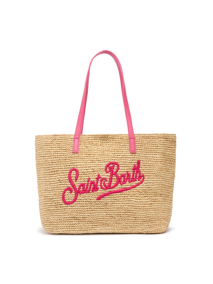 Beige Raffia City Mid bag with Saint Barth embroidered logo