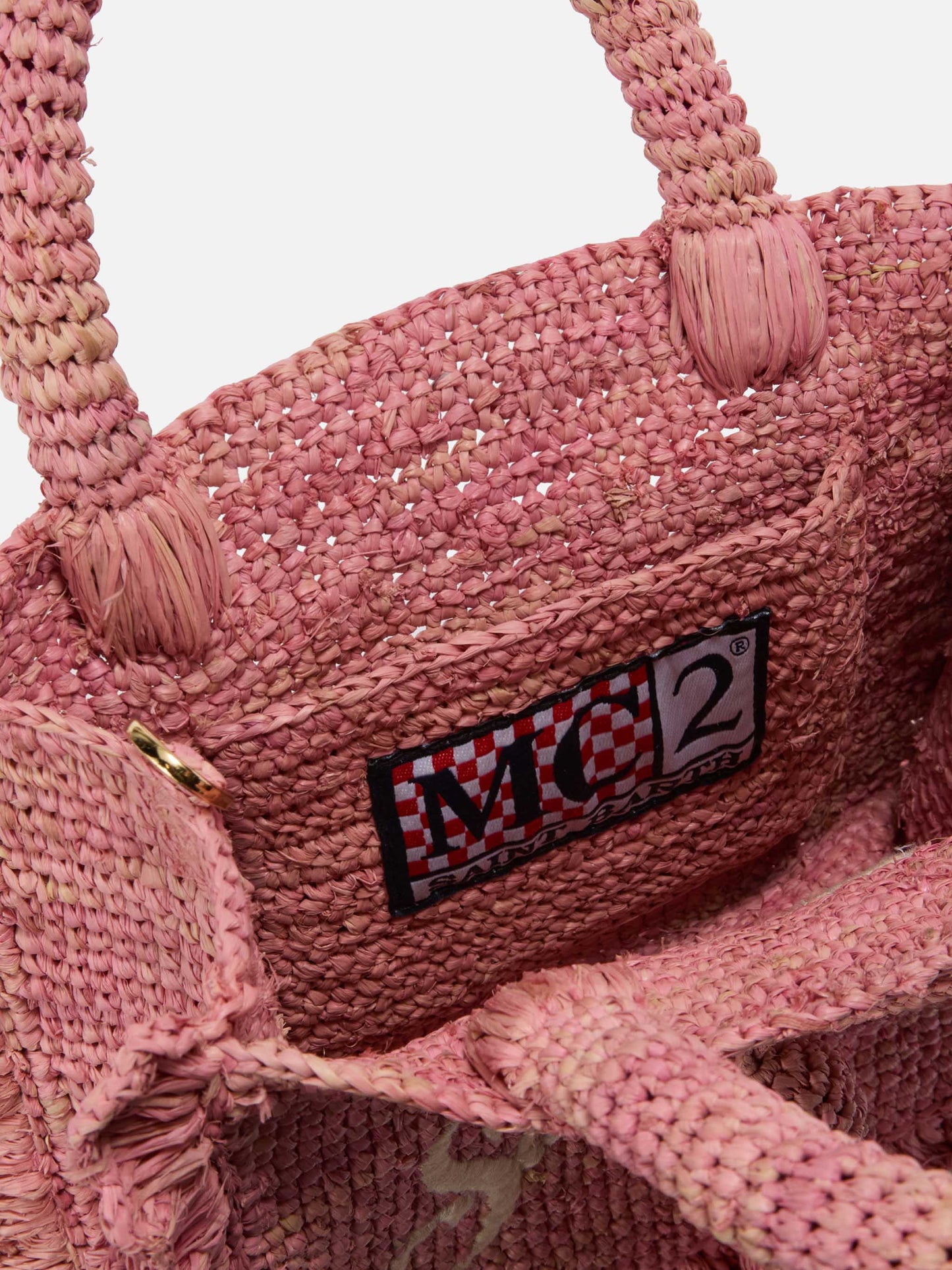 Pink Volant Mini raffia bag with embroidered logo