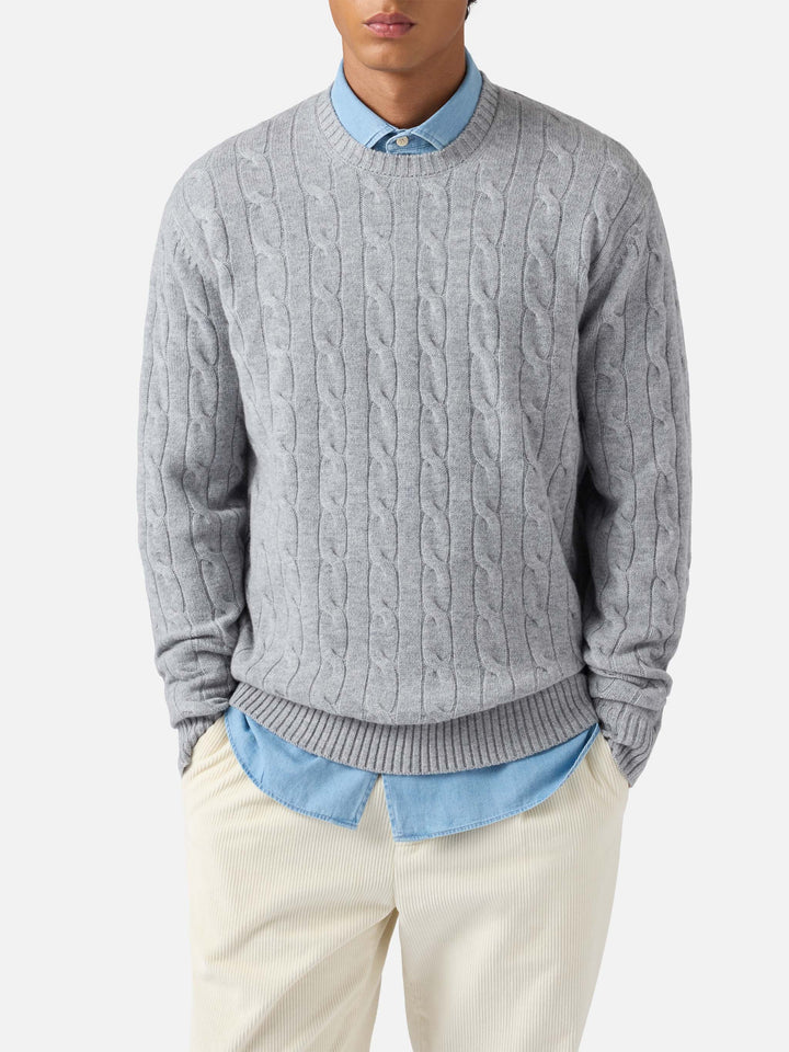 Maglione Regent a trecce in pura lana grigio melange