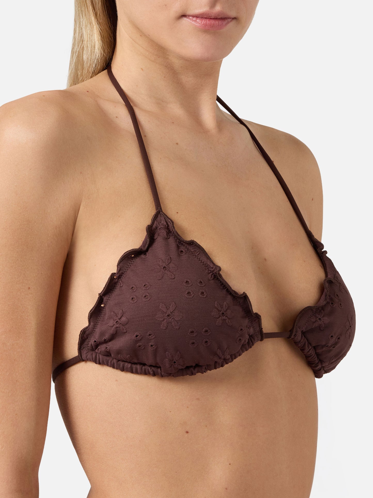 Top bikini Sagittarius triangolo in sangallo marrone