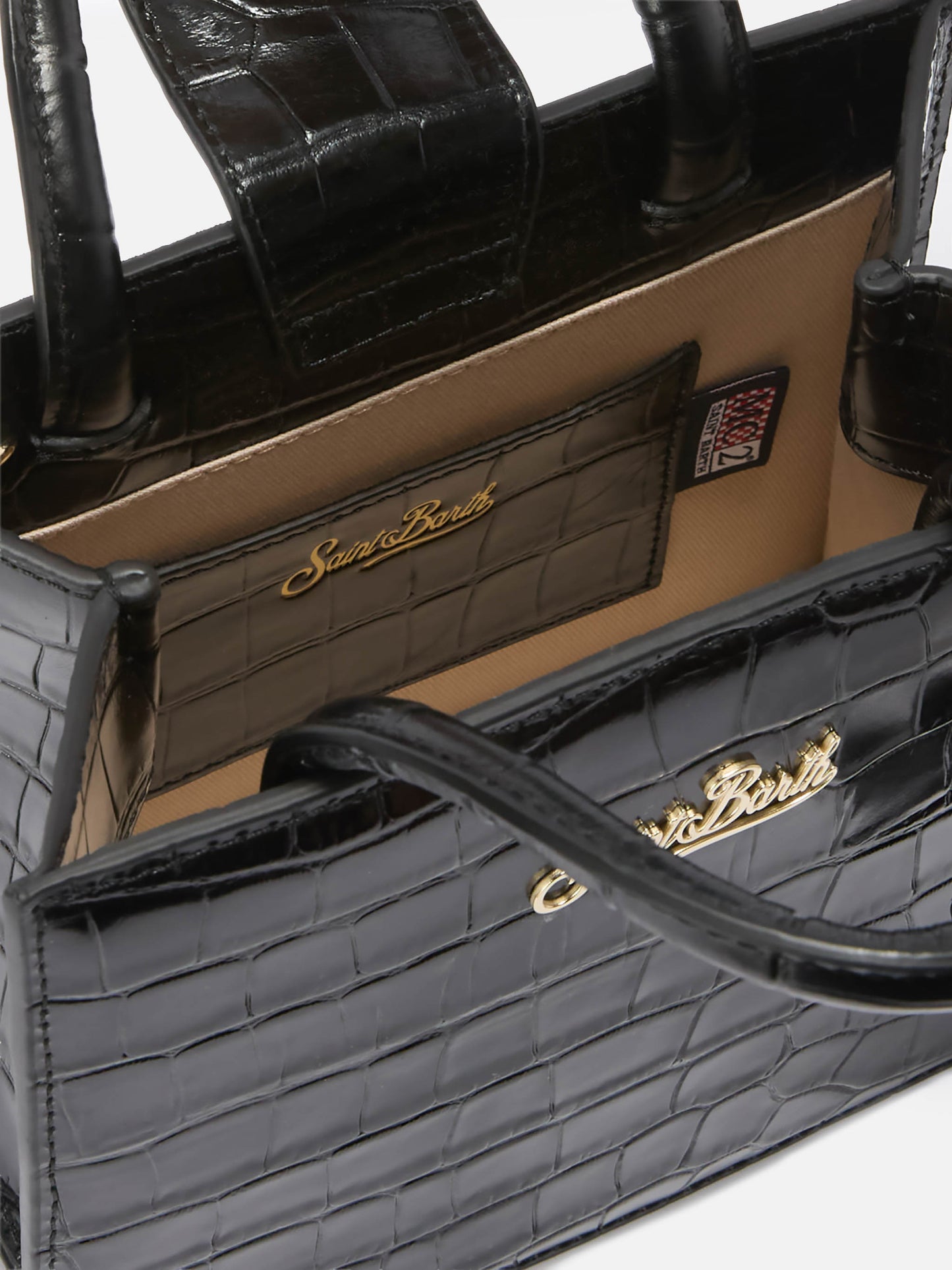 Shop Bag Mini Handbag in black crocodile-print leather